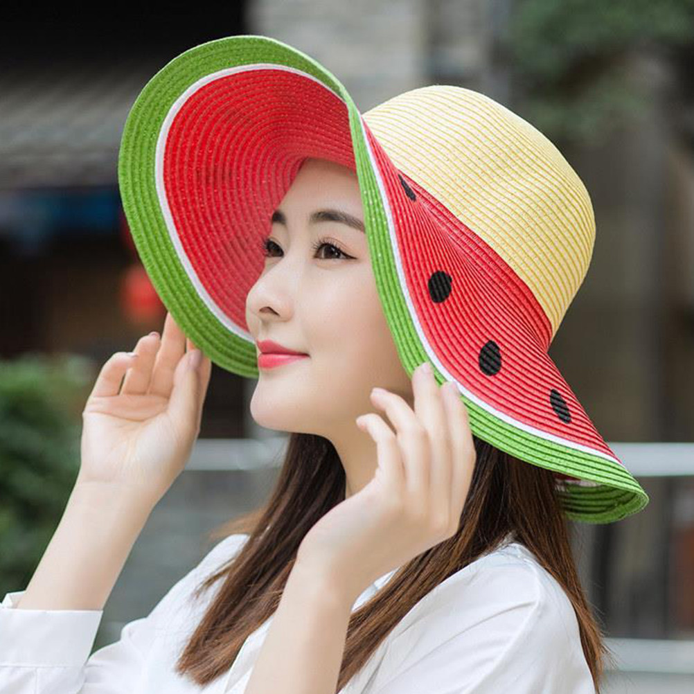 Straw Hat Summer - قبعة قش للبنات بتصميم البطيخ، قبعة