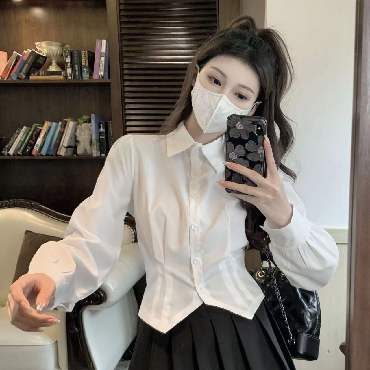 Wrap Blouse Chiffon - 2000s قميص أبيض طويل الأكمام خمر