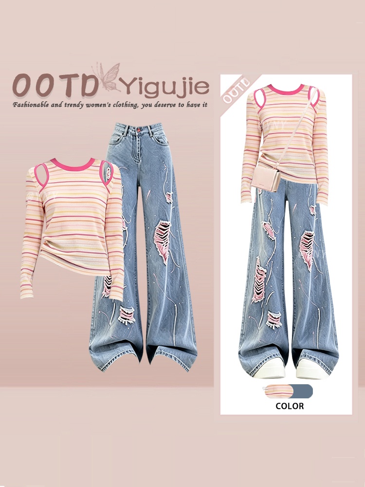 Women Fashion Jeans Top - بلوزة مخططة عالية الخصر من قماش