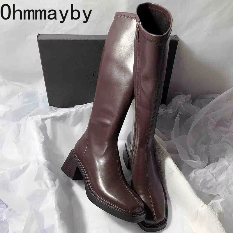 Women'S Fashion Knee High Boots - خمر كعب سميك النساء حذاء برقبة