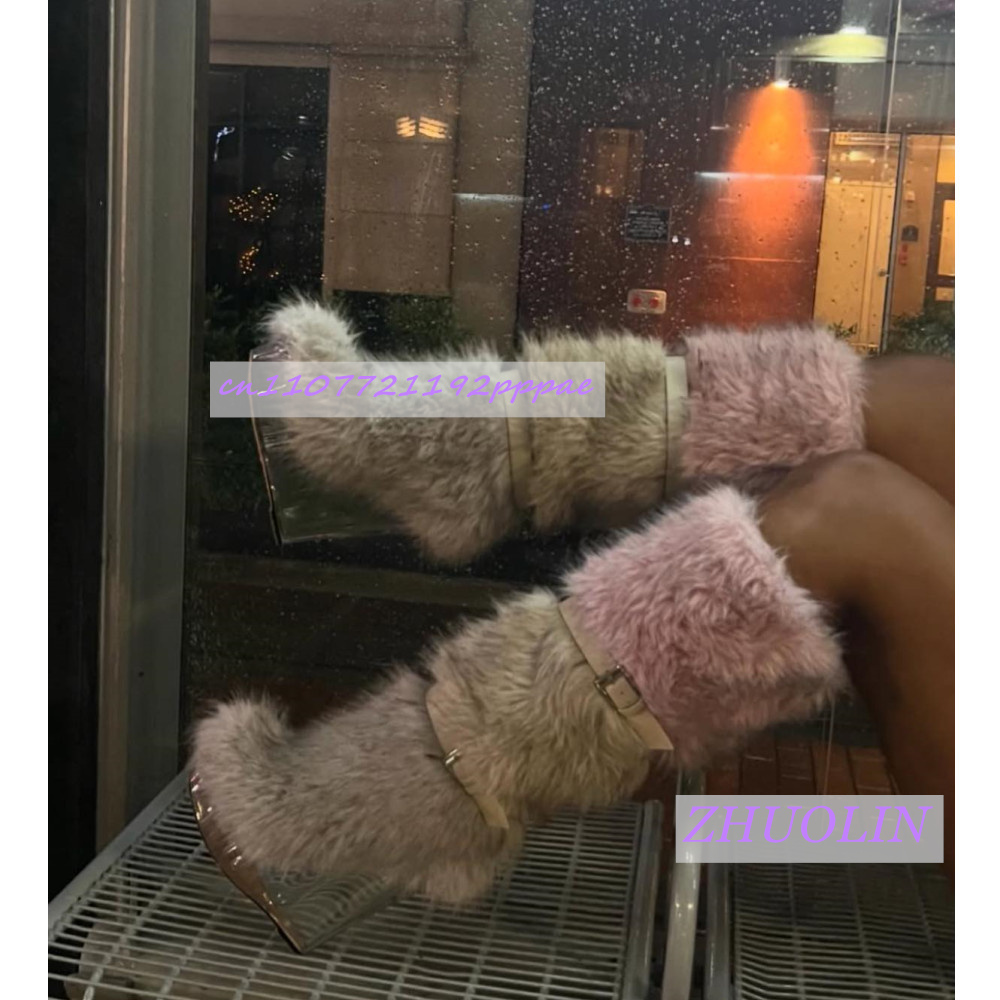 Women'S Fashion Knee High Boots - الشتاء التدرج فروي شفافة إسفين الأحذية