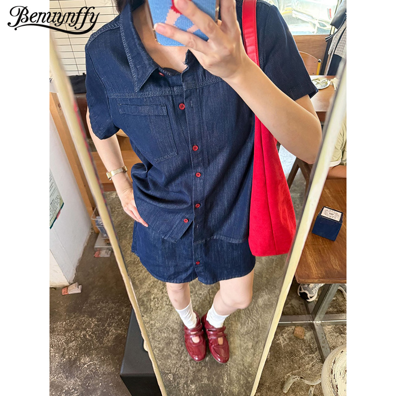Women Fashion Jeans Top - قميص دينيم نسائي قصير الأكمام من