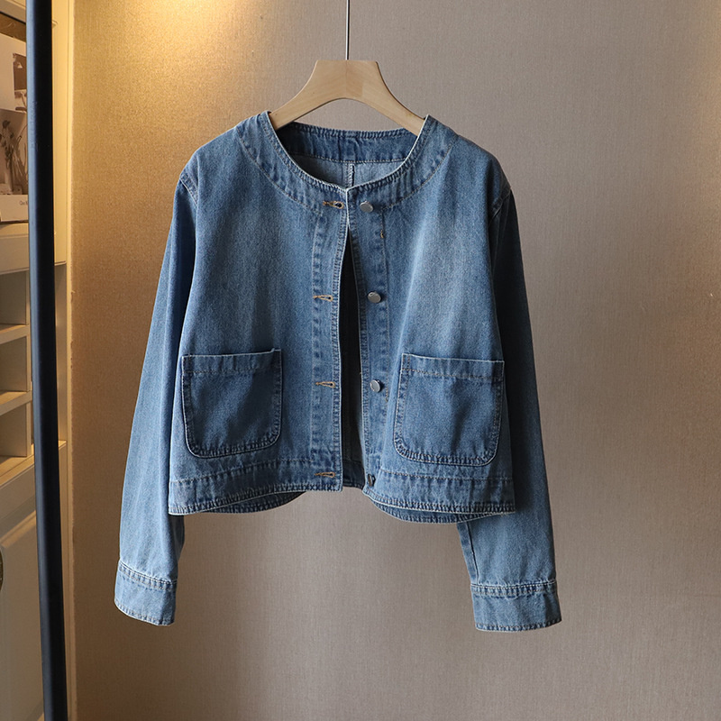 Women Fashion Jeans Top - جاكيت جينز نسائي بياقة دائرية، معطف