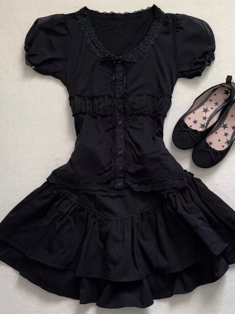 Women'S Fashion Kilt - القوطية خمر الدانتيل الأسود 2 قطعة