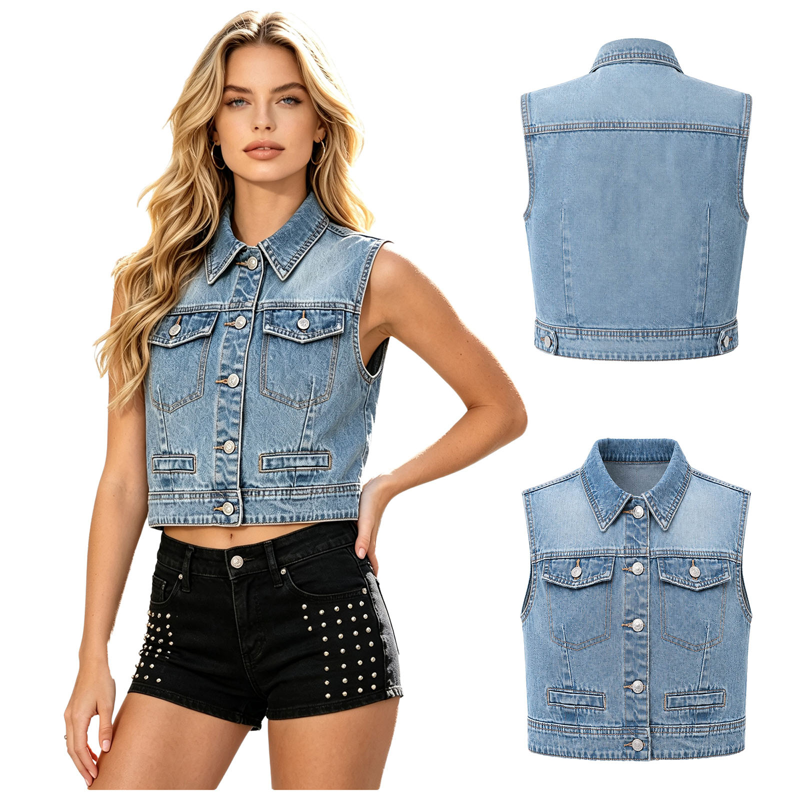 Women Fashion Jeans Top - سترة جينز نسائية عصرية بدون أكمام