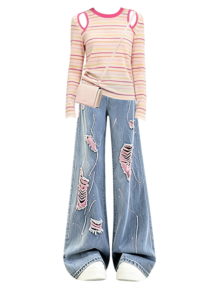 بلوزة مخططة عالية الخصر من قما - مراجعة Women Fashion Jeans Top وسعره