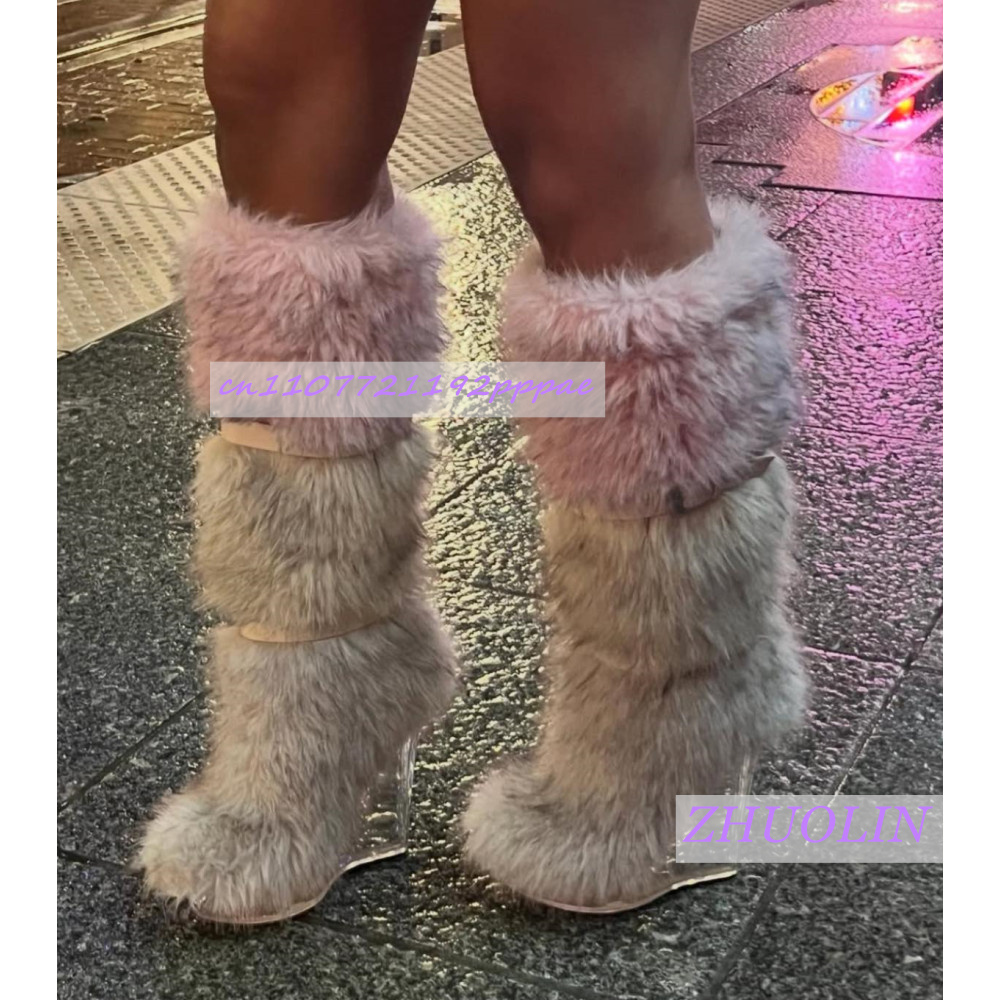 الشتاء التدرج فروي شفافة إسفين - مراجعة Women'S Fashion Knee High Boots وسعره