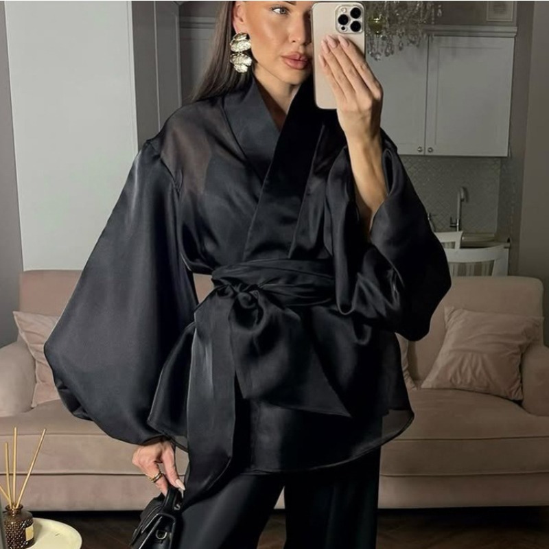بلوزة أنيقة سوداء شفافة من الأ - مراجعة Wrap Blouse Chiffon وسعره