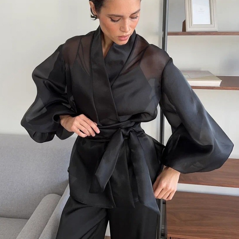 بلوزة أنيقة سوداء شفافة من الأ - مراجعة Wrap Blouse Chiffon وسعره