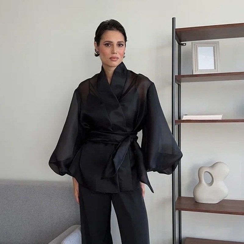 بلوزة أنيقة سوداء شفافة من الأ - مراجعة Wrap Blouse Chiffon وسعره